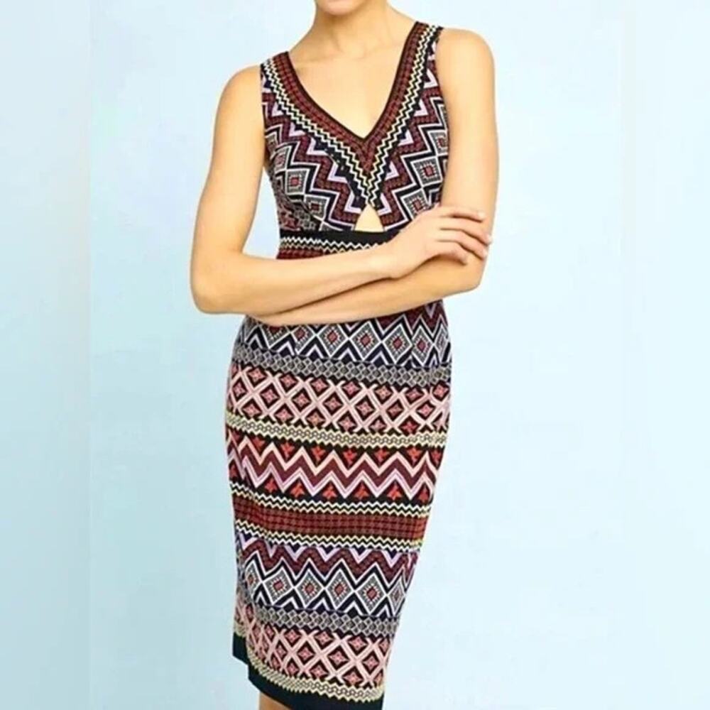 Akimi + Kim Anthropologie Embroidered Geometric Column Dress Petite Women's 0P